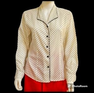 VTG JOANNA Retro Monochrome Polka Dot Long Sleeve Button Down Shirt